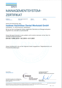 Zertifikat EN ISO 13485 für hadewe – erste Seite